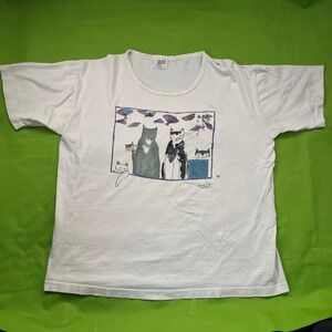 Vintage 90s Anvil Cat Graphic T-Shirt Mens Large White Single Stitch USA Made
